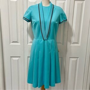 Vintage R&K Knits Elegant Turquoise Dress with Brown Trim